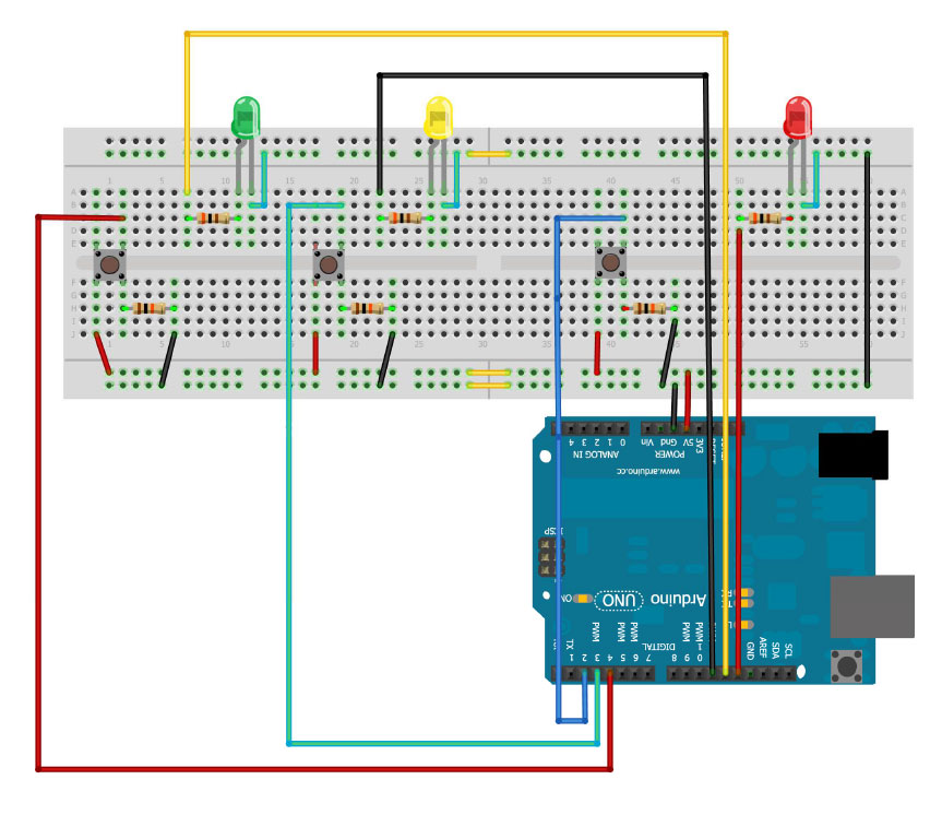 3 botões e 3 leds